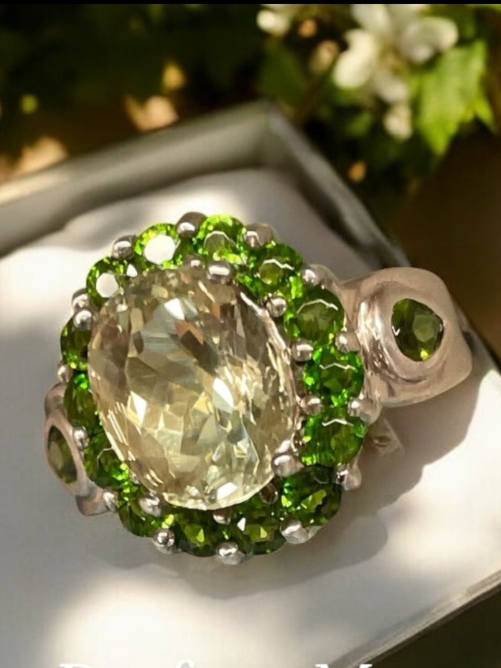 Elegant Prasiolite and Tsavorite Garnet Ring set in Sterling Silver    size 5.25